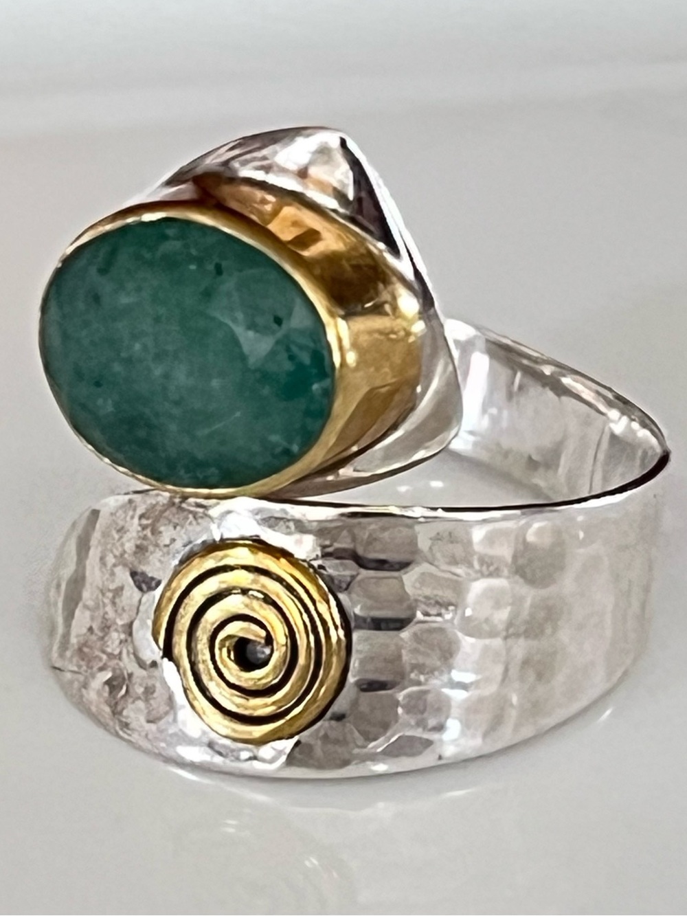 Handcrafted Sterling Silver Bypass Ring w Emerald Green Stone Brass Accents 8